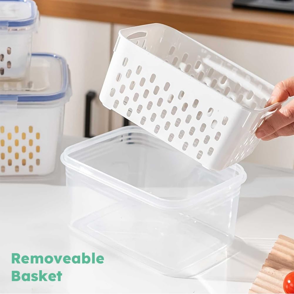 iayokocc 2 Pack Fruit Storage Containers for Fridge, Stackable Food Storage Containers with Removable Colander, Refrigerator Organizer with Drain Baskets Lids- Keeping Food Fresh Longer
