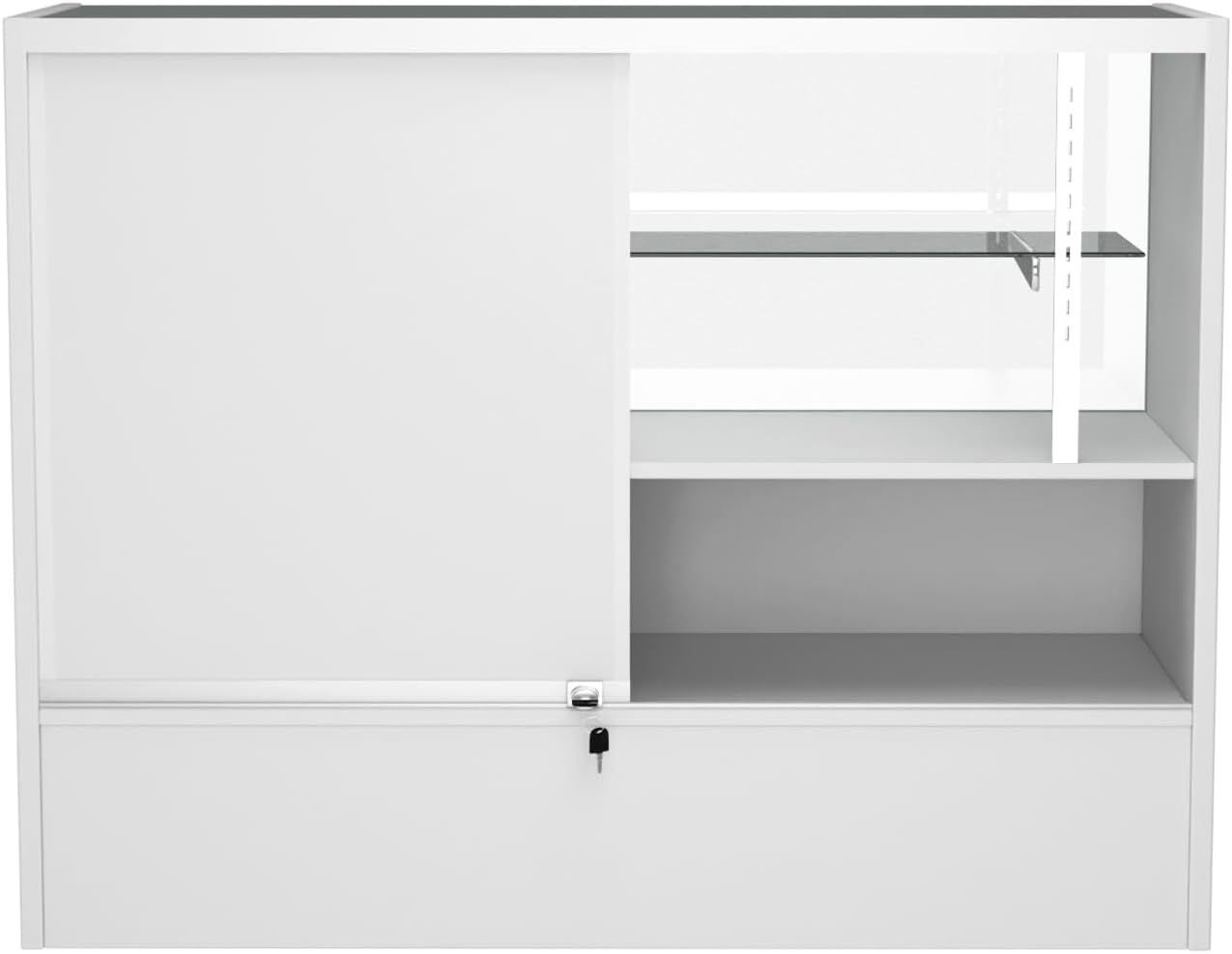 WISDOMFUR 48” Display Showcase with LED Lighting – White Melamine Finish, Adjustable Glass Shelf, Locking Sliding Doors – 4ft Retail Display Cabinet for Stores & Exhibits