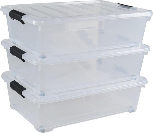25 L Under Bed Storage Containers Plastic, 3 Packs Latch Storage Box with Wheels