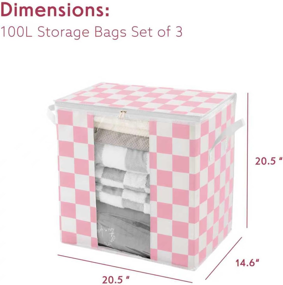 Pink Checkered Clothes Storage Bins, 100L Large Blanket Storage Bags 3 Pack, Closet Organizers and Storage Containers for Comforters, Bedding, Foldable Organizer with Handle