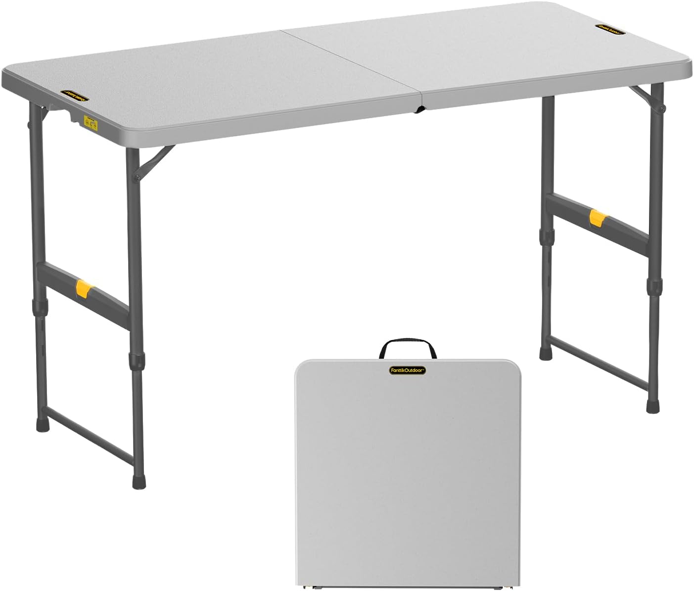 FanttikOutdoor 4ft Portable Folding Table, One-Handed Height Adjustment, 4 Heights, Gravity Lock, Carry Handle, Indoor Outdoor Heavy Duty Fold-in-Half Utility Table, Party, 1 Pack, Grey Zeta X4 Pro