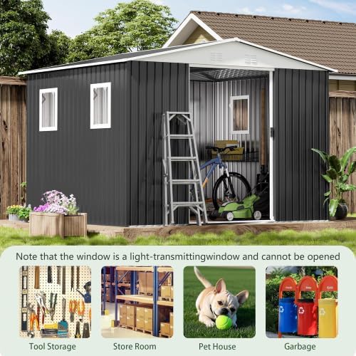 10FT x 8FT Outdoor Storage, Metal Anti-Corrosion Utility Tool House with Lockable Door & Shutter Vents，Outdoor Waterproof Garden Tool Storage Sheds（with 4 Transparent Window）