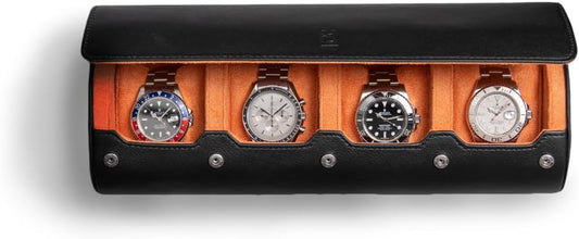 DailyWatch | Watch Roll Travel Case For 4 Watch | Luxury Watch Case In Genuine Black Leather With Soft Velvet Interior | Watch Case Protect, Store, & Display Your Watches | Black Orange