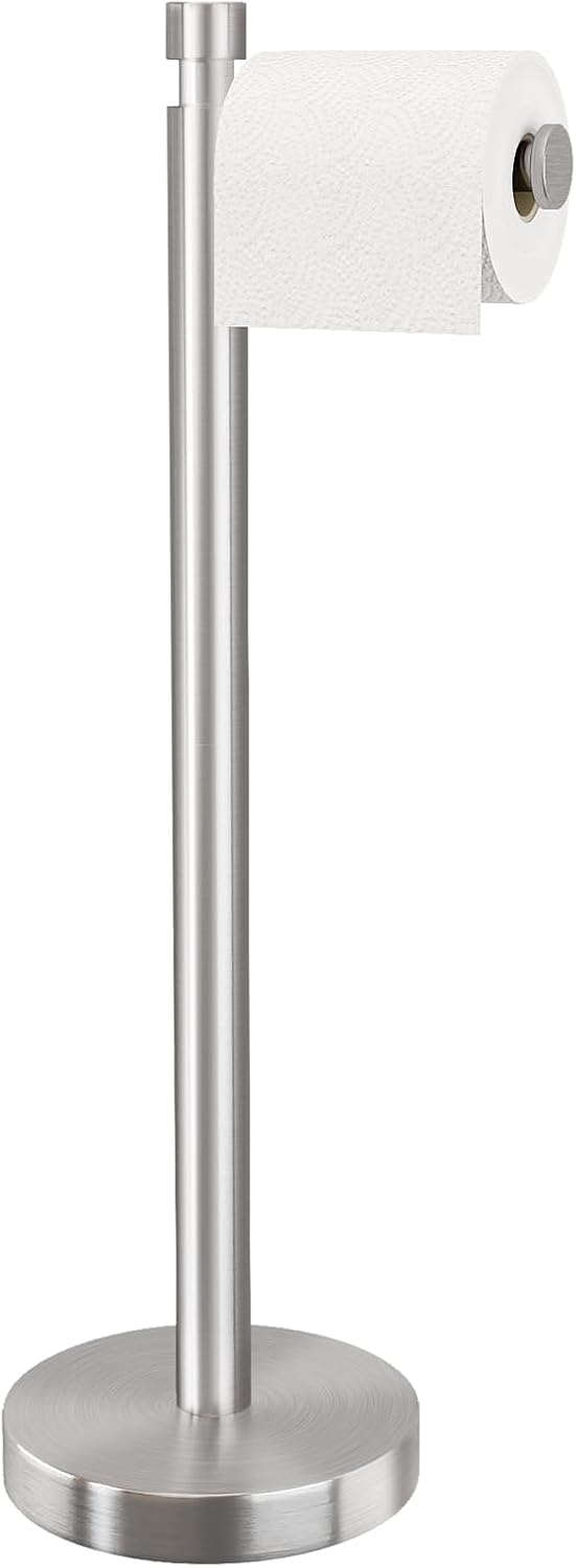 YUMORE Toilet Paper Holder Stand Freestanding, Weighted and Sturdy Brushed Nickel Stainless Steel Design with Non-Slip Cap, Rustproof Tissue Roll Holder for Modern Bathroom, RV