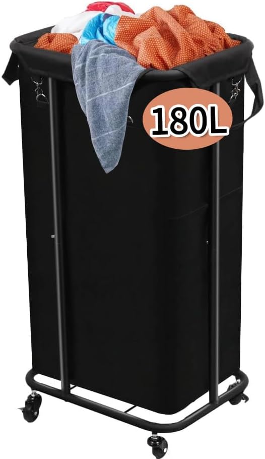 Longzhuo 47.55 Gal(180L) Rolling Laundry Basket With Wheels, Laundry Hamper With Wheels, Metal Wheeled Laundry Basket for Laundry, Hotel, Bedroom & Laundry Room Organization, Black