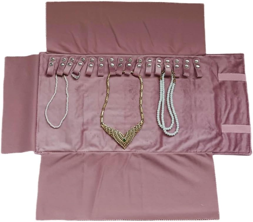 Portable Jewelry Organizers and Storage Travel Holder Necklace Roll - Pink Velvet Embroidery Foldable Case for 16 Necklaces & Chains