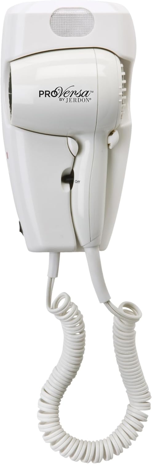 JERDON Wall-Mount Hair Dryer – White - Direct Wire Only - Hotel Style Wall Mounted Hair Dryer – Model JWM8CD