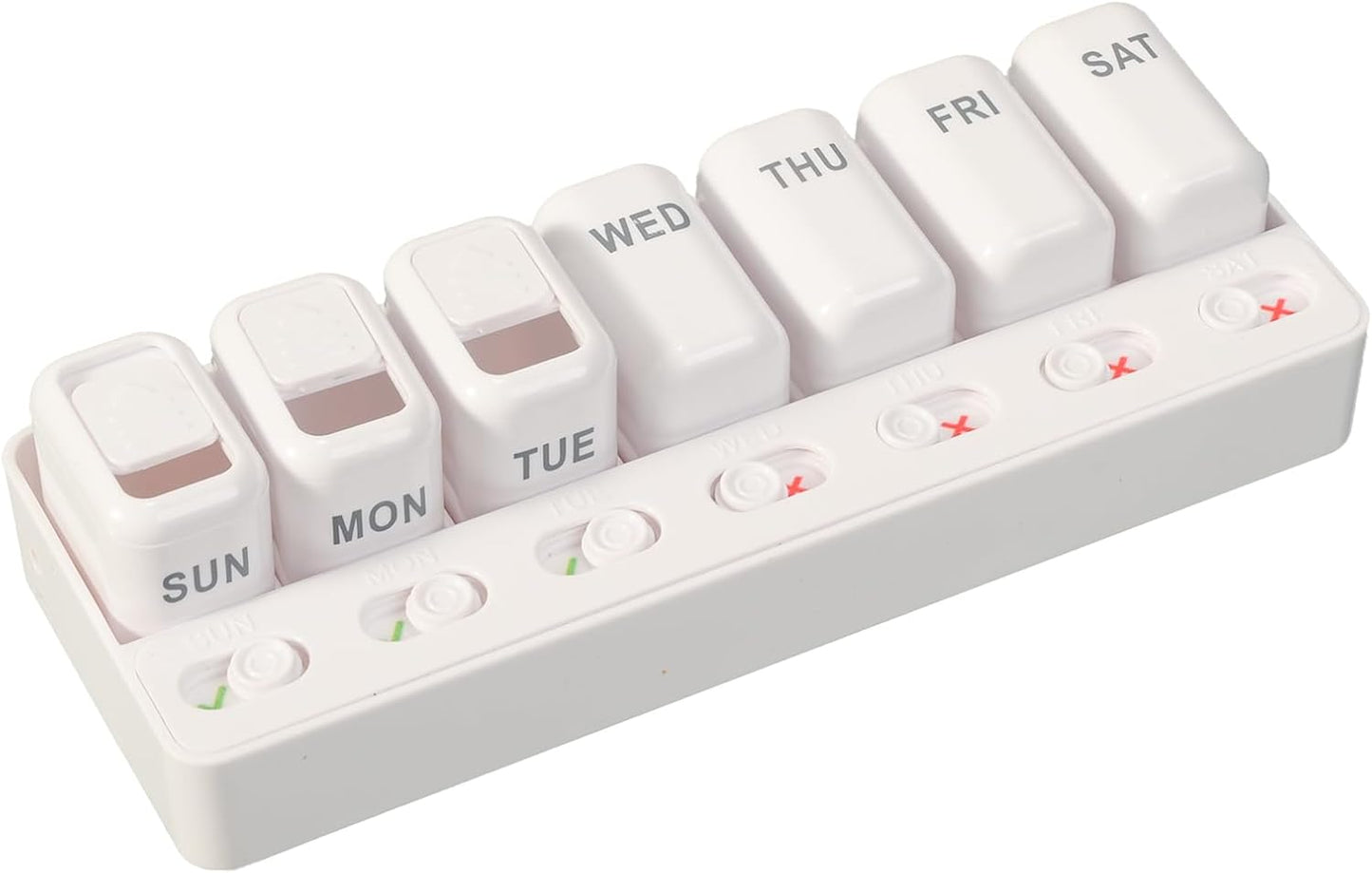 Pill Organizer Easy-Slide Lid, Removable 7 Day 1 Time a Day Pill Box, Large Travel Pill Case, Week Once Daily Medication Dispenser, Pill Container Holder for Supplement, Vitamin, White