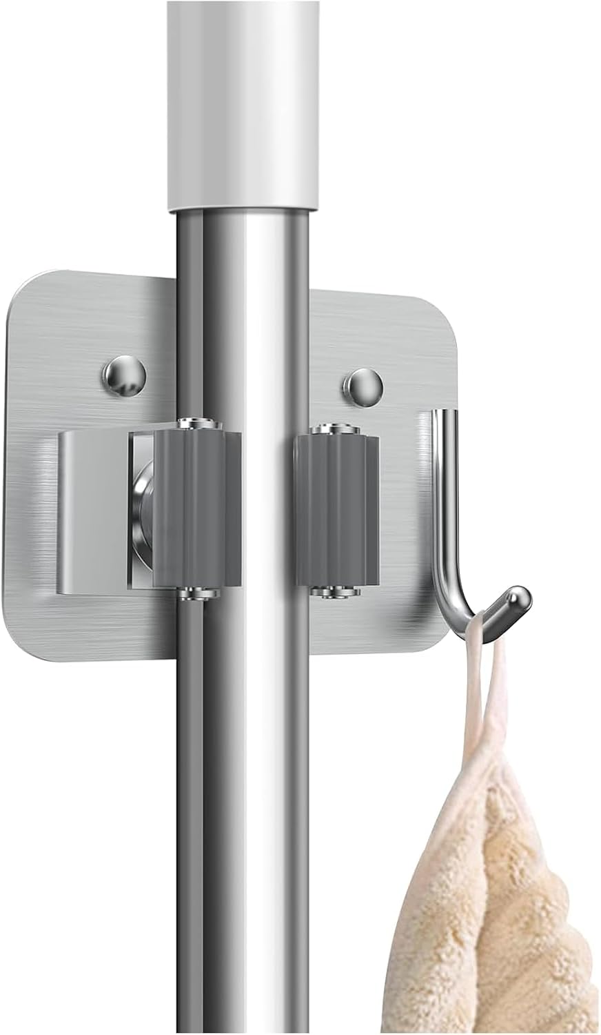 nacena Broom Holder Wall Mount, 4 Packs Silver Stainless Steel Mop and Broom Hanger with Hooks Heavy Duty Broom and Mop Organizer Wall Hanging for Bathroom, Kitchen