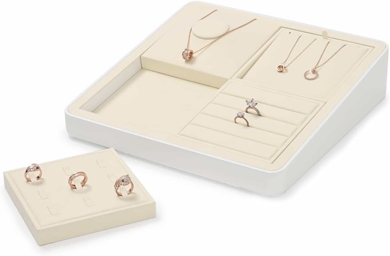 Oirlv Microfiber 4 Slots Jewelry Earring Display Tray Earring Display Organizer Tray(Beige)
