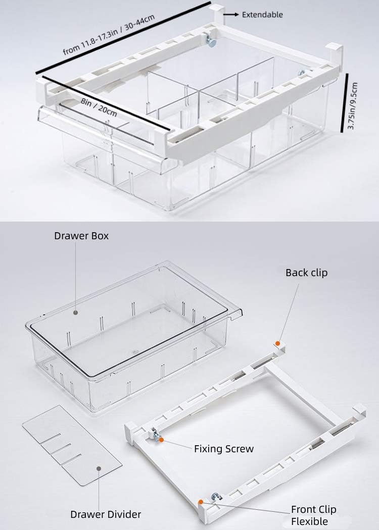 YekouMax Fridge Drawer Organizer, Refrigerator Organizer Bins, Pull Out with Handle, Fridge Shelf Holder Storage Box, Clear Container for Food,Drinks,Fit for Fridge Shelf Under 0.6" (2 Pack Medium)