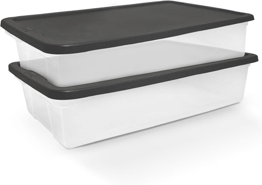 HOMZ 2-Pack Snaplock, Large Clear Plastic Storage Organizer Bins w/Lids, 41 Quart, Gray - Stackable Container Boxes for Bedroom, Bathroom, Garage, and Office Organization