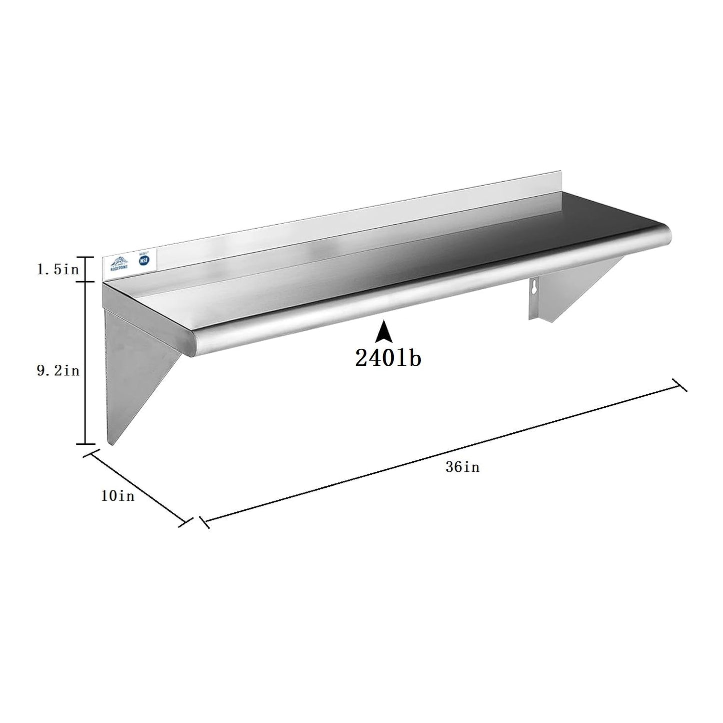 ROCKPOINT Stainless Steel Shelf 10 x 36 Inches 240lb, 2 Pack NSF Metal Commercial Shelves Wall Mount Floating Shelving with Backsplash for Restaurant, Kitchen, Home and Hotel, Silver