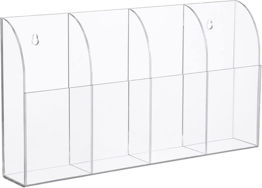 Yeeco Acrylic Remote Holder Wall Mount - 4 Compartment, Clear Acrylic Remote Control Holder, 10.4''1.6''5.6'' Wall Pen Holder, Pen & Makeup Key Organizer