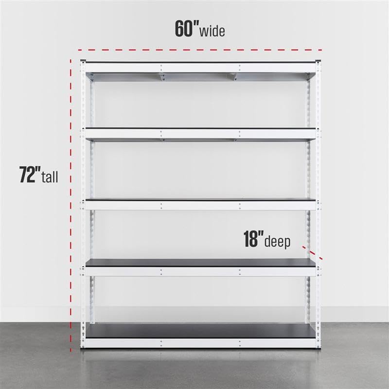 SafeRacks Modular Garage Shelving - 5 Tier Storage Shelves, Tall Metal Rack Shelves for Storage, Heavy Duty Steel Shelf Organizer for Garage, Or Kitchen Pantry (White, 18 x 60 x 72)
