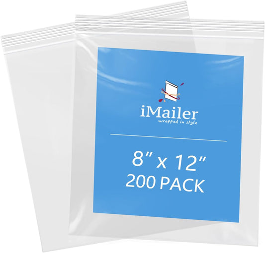 iMailer- 8" x 12" 200 Pack- 2 Mil Resealable Zip Bags- Clear Plastic Bags with Zip Top Lock for Storage, Organizing, Crafts, Travel
