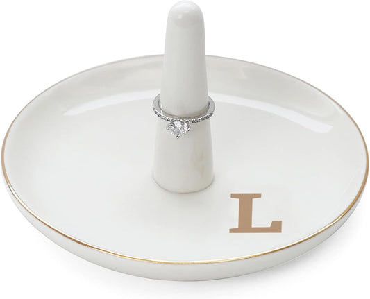 HOME SMILE Initials Ring Holder Jewery Tray with personalized L-Monogrammed Engagement Gifts for Friends,Birthday Mother's Day Christmas Gifts for Women,Ceramic White
