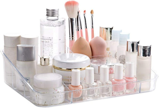 SUNFICON Makeup Tray Organizer Cosmetic Display Case Office Stationery Storage Holder Countertop Storage Unit Makeup Box for Bathroom Drawers,Vanities Office Desk,Washable Crystal Clear Acrylic