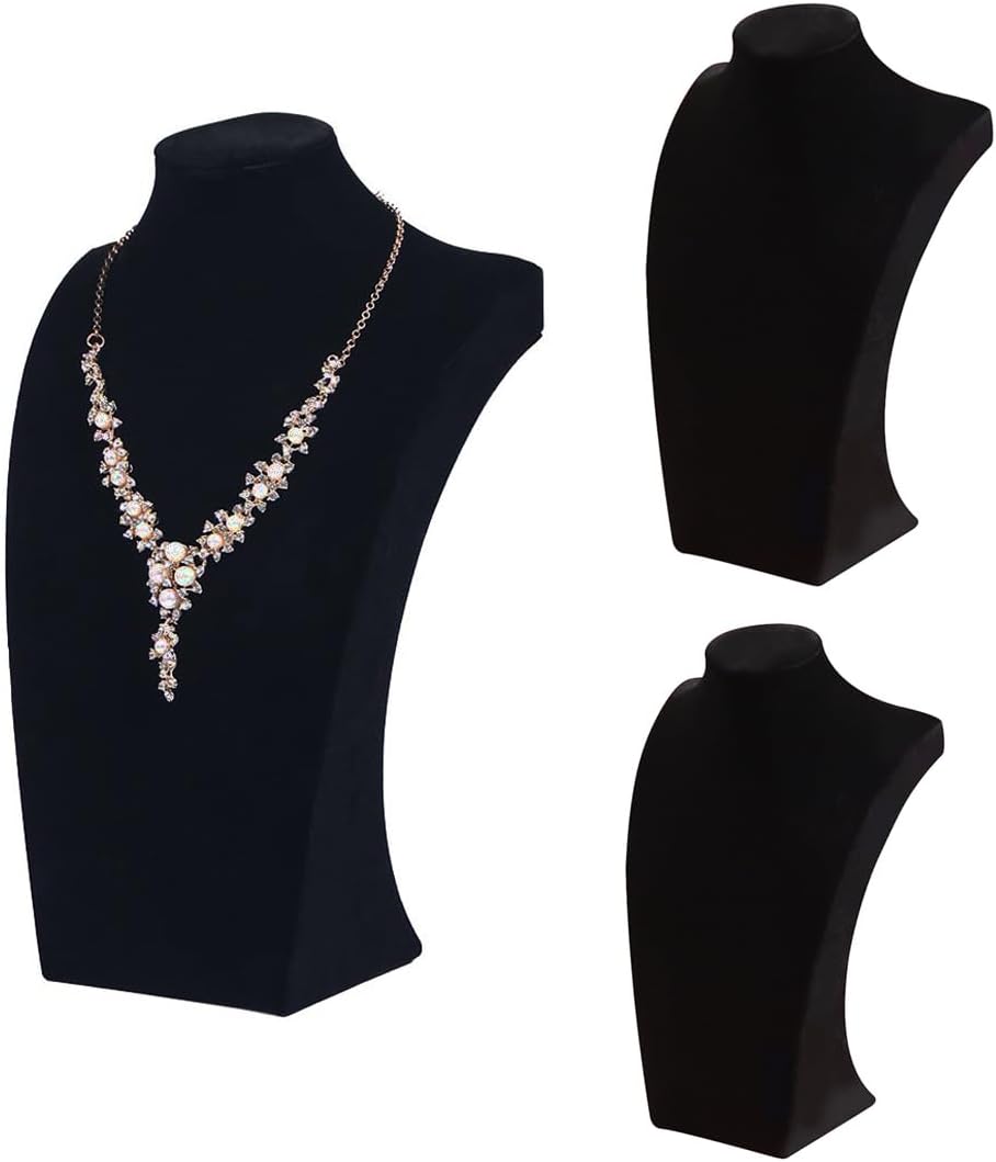 Coward 3Pcs Necklace Bust Stand Rack for Selling, Black Velvet Necklace Jewelry Display Holder for Jewelry Exhibition or Store Shop Show (9" Hight)