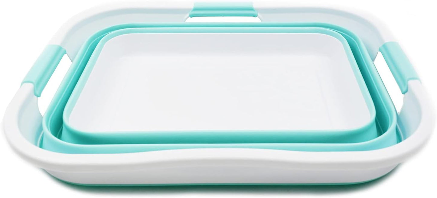 SAMMART 30L (8 gallon) Collapsible Plastic Laundry Basket - Foldable Pop Up Storage Container/Organizer - Portable Washing Tub - Water Capacity 24L(6.3 gallon) (1, White/Lake Green)