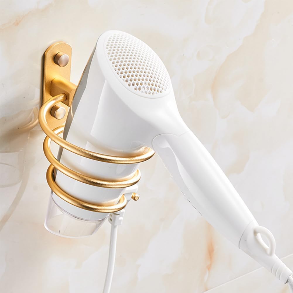 Blow Dryer Holder Wall Mounted Bathroom Hair Dryer Hanger Hair Tool Organizer for Full Size Dryer Swivel Storage Rack with Armrests for Flat Iron Curling Iron Space Saving Design (Gold)