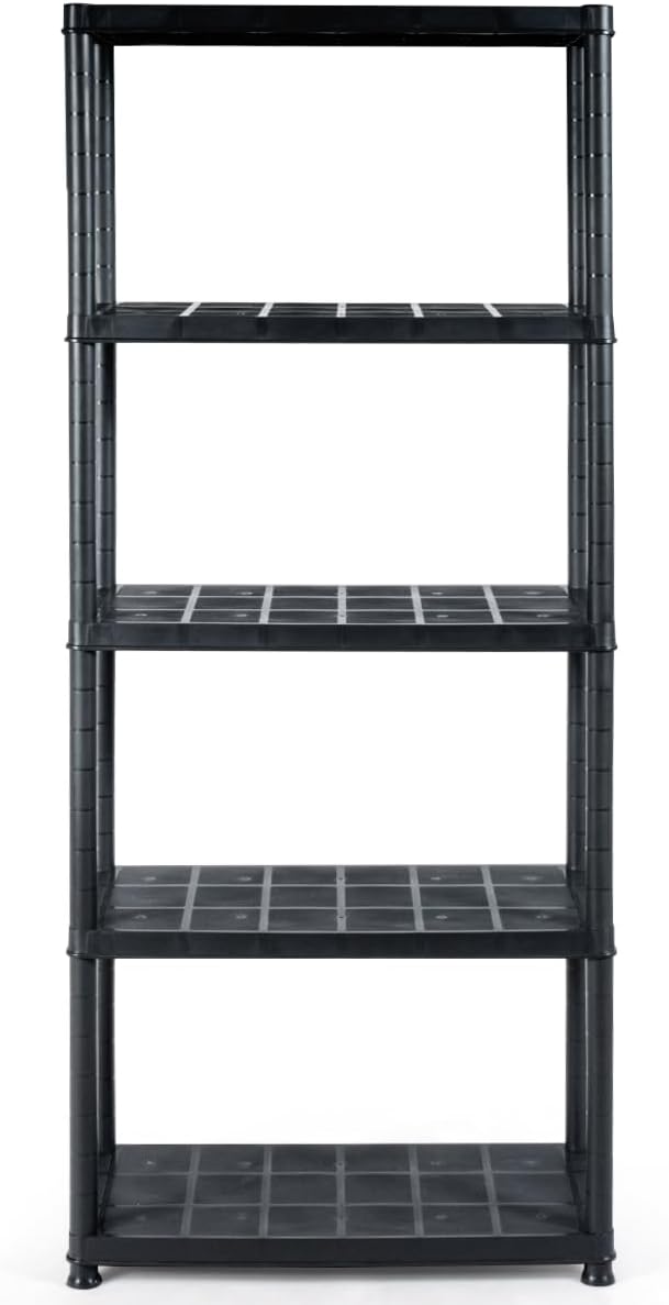 IRONMAX 5-Tier Plastic Shelving Unit, Multi-Purpose Shelf Rack, No Tools Required, Free Standing Storage Shelves for Garage Basement Kitchen, Black (1, 33.5“L X 16”W X 73“H)