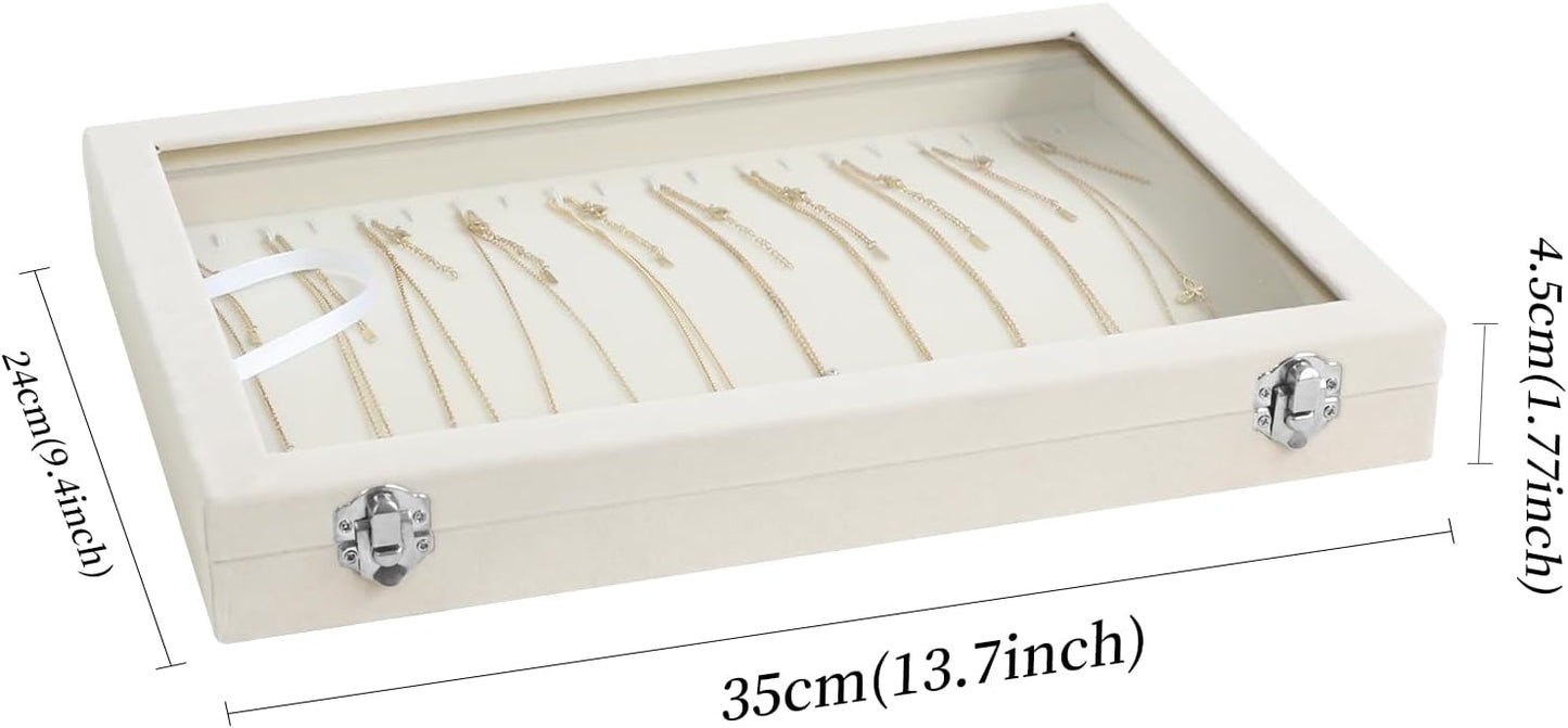 Wudygirl Necklace Organizer with Clear Glass Lid Stackable Jewelry Organizer Tray with 20 Hooks for Necklace Bracelet(Beige Necklace Box)