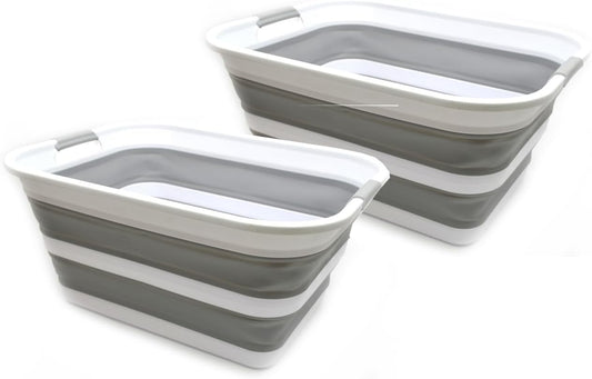 SAMMART 42L Set of 2 Collapsible Plastic Laundry Basket - Foldable Pop Up Storage Container/Organizer - Portable Washing Tub - Space Saving Hamper/Basket (Grey, 2)