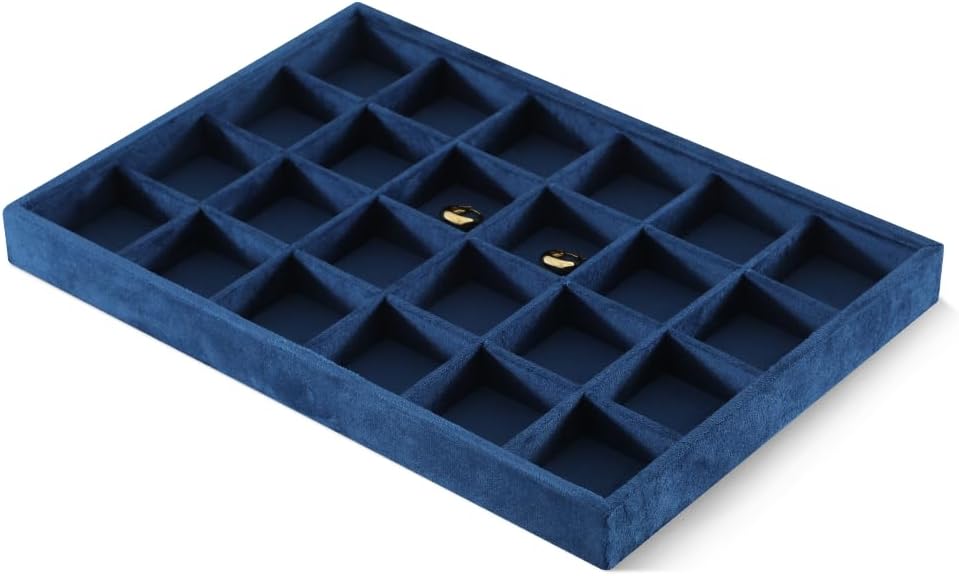 Velvet Stackable Jewelry Display Tray, 24 Grid Earring Ring Storage Tray, Drawer Divider Jewelry Accessories Organizer Plate (Blue)