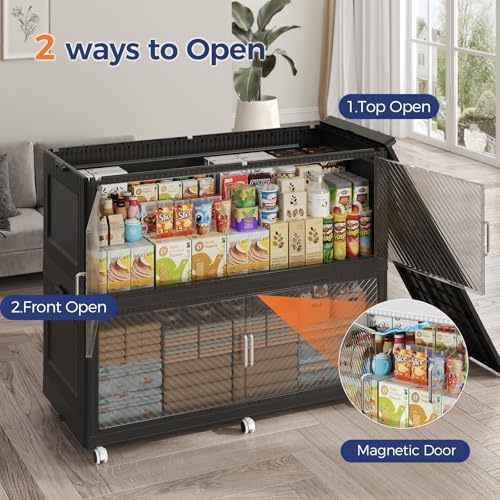200GAL Extra Large Storage Bins with Lid, 800QT Collapsible Organizer with Wheels, Stackable Closet Cabinet with Doors, Folding Storage Containers for Home, Office, Kitchen, 4Pack Black