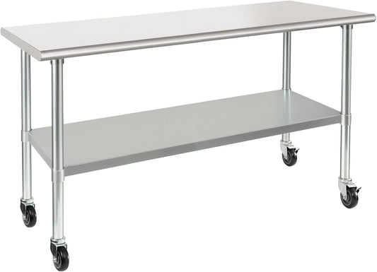 HARDURA Stainless Steel Table with Wheels 24 x 72 Inches Casters NSF Heavy Duty Commercial Work & Prep Table with Undershelf and Galvanized Legs for Restaurant Kitchen Bar and Hotel Garage