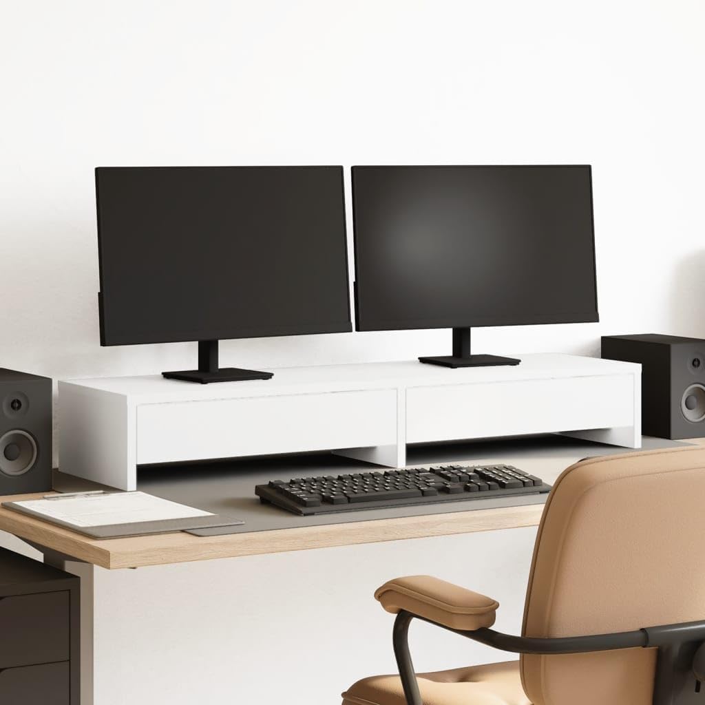 YAFF Monitor Stand with Drawers White 39.4x10.6x5.9 Engineered Wood,Electronics,Electronics Accessories,Computer Accessories,Computer Risers & Stands,854670