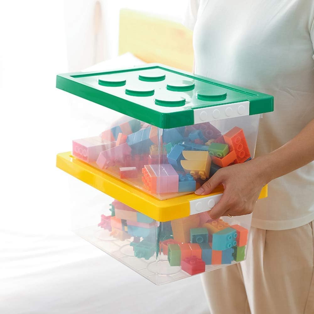 loobuu Plastic Storage Bins with Lids - Stackable Toy Storage Organizer Box Set of 2, Toy Chests with Compatible Building Baseplate and Lid, Storage Container for Building Bricks - Yellow+Green