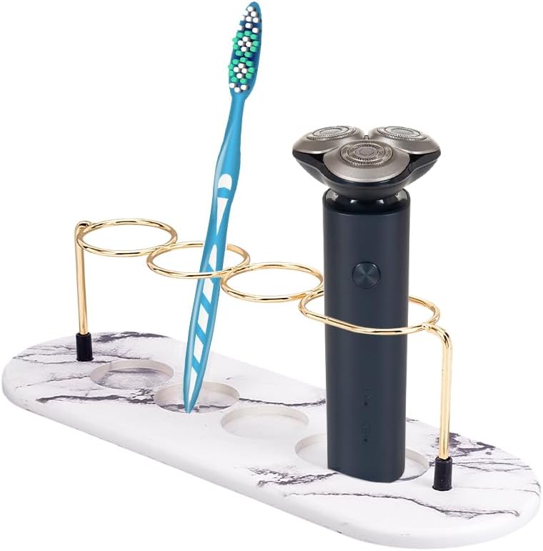 AHANDMAKER Toothbrush Holder 4 Slots Toothbrush Holder Bathroom Marble Pattern Toothpaste Razor Storage Makeup Brush Display Rack for Bathroom Toothpaste Organizers, Gold Marble White