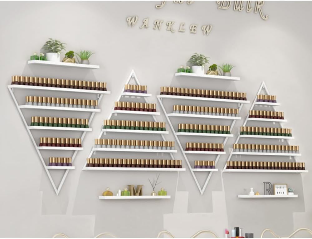 Elegant Wall Mounted Nail Polish Storage Rack Set of 10 Triangular Cosmetic Display Shelves for Essential Oil Bottles, Organize Your Lipsticks and Perfumes in Style at Home or Salon (White)
