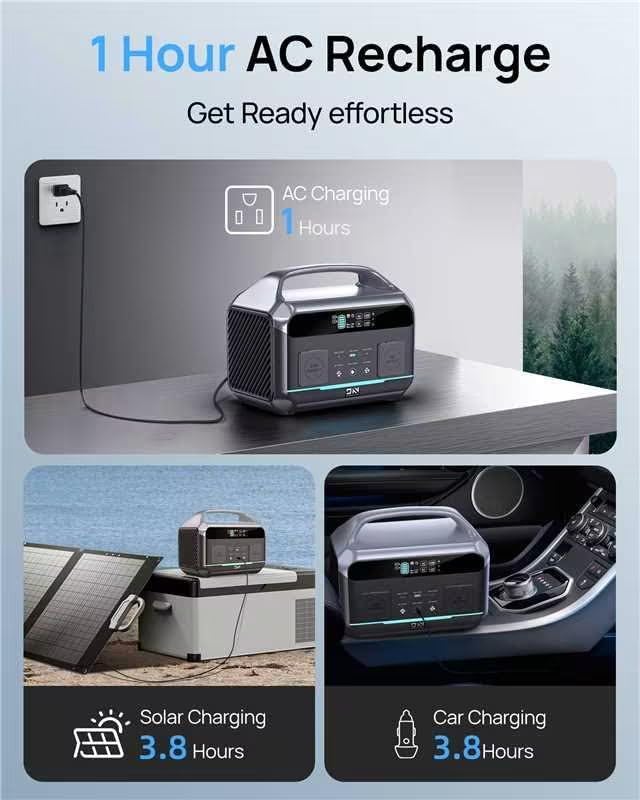 Portable Power Station 600W (1200W Surge), 576Wh LiFePO4 Solar Generator with 1Hr Fast Charging, 100W USB-C PD Output, Power Bank for Home Emergency, Camping, RV Travel, CPAP (Solar Optional)