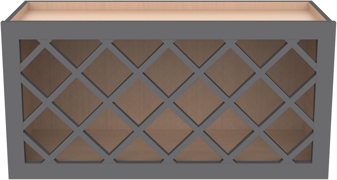 Solid Wood RTA Wine Bottle Rack Wall Cabinet with Lattice Panels - Wine Storage for Bar, Pantry, Cellar & Countertop - Mocha (Pebble Gray, 30'W 12'D 15'H)