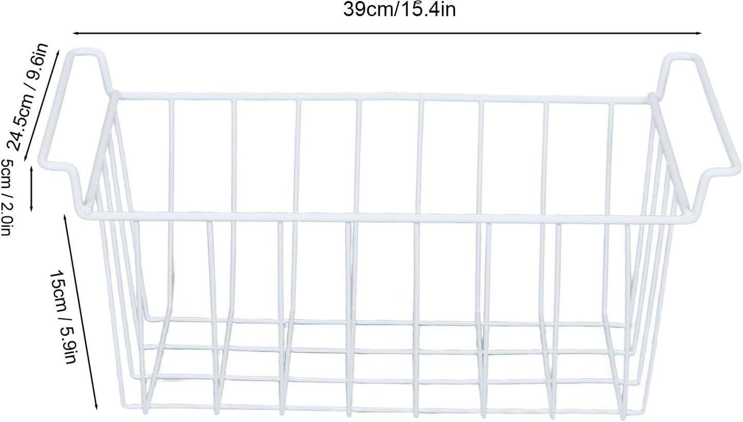 2PCS Freezer Organizer Bins, Steel Wire Freezer Basket with Handles Multifunctional Organizer Bin Stackable Metal Wire Baskets for Cabinet, Pantry, Closet (White)