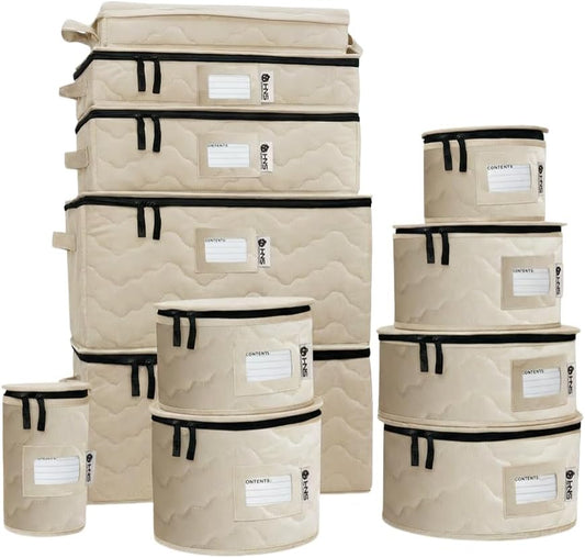 Hard Shell China Storage Containers 12-Piece Set Moving Boxes for Dinnerware, Glasses, Plates, Mugs and Saucers Sturdy Dish Organizer with Dividers for Seasonal Storage - Service for 12 - Beige