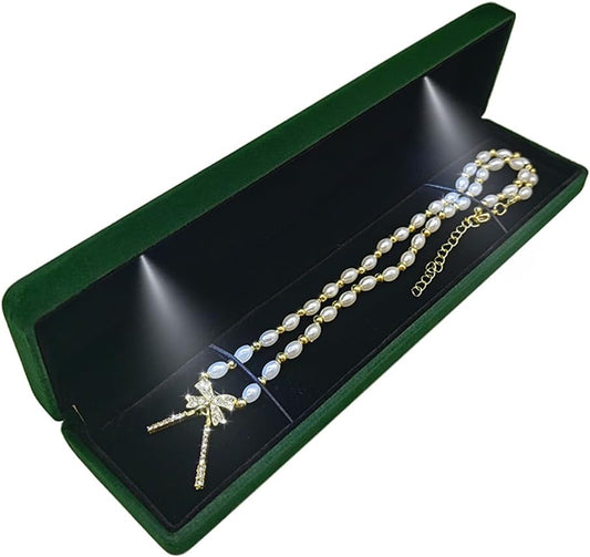 GBYAN Velvet Chain Necklace Box with LED Light, Long Bracelet Storage Case, Jewelry Display Gift Box for Engagement, Anniversary,Wedding and Birthday,Emerald Green