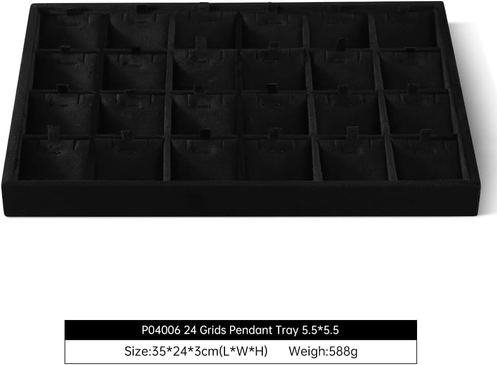 Velvet Necklace Display Tray, Stackable 24 Grid Insert Pendant Necklaces Storage Holder Plate, Jewelry Retail Countertop Organizer (Black)