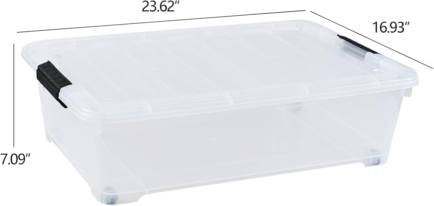4-Pack 25 Quart Large Plastic Underbed Clothes Storage Containers Bins, Wheeled Latching Box with Lids for Closet Organizers Shoes Underbed, Clear