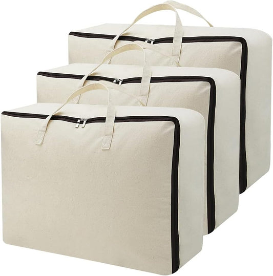 AMJ Set of 3, Canvas Storage Bag with 3-Side Zip Open & Handles, 8OZ Thick Soft Breathable Closet Organizer for Beddings, House Move or Winter Garment Storage in Wardrobe, Beige