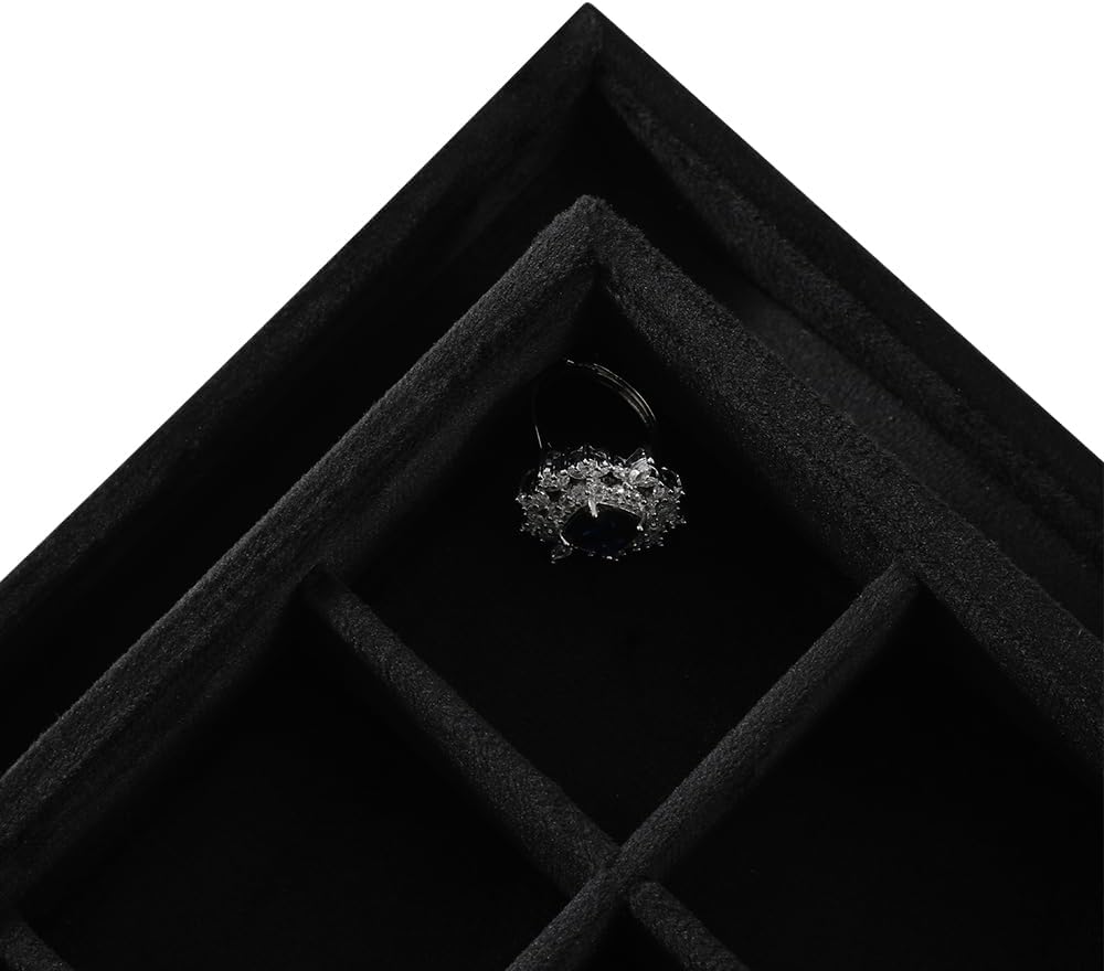 Velvet Stackable Jewelry Display Tray, 24 Grid Earring Ring Storage Tray, Drawer Divider Jewelry Accessories Organizer Plate (Black)