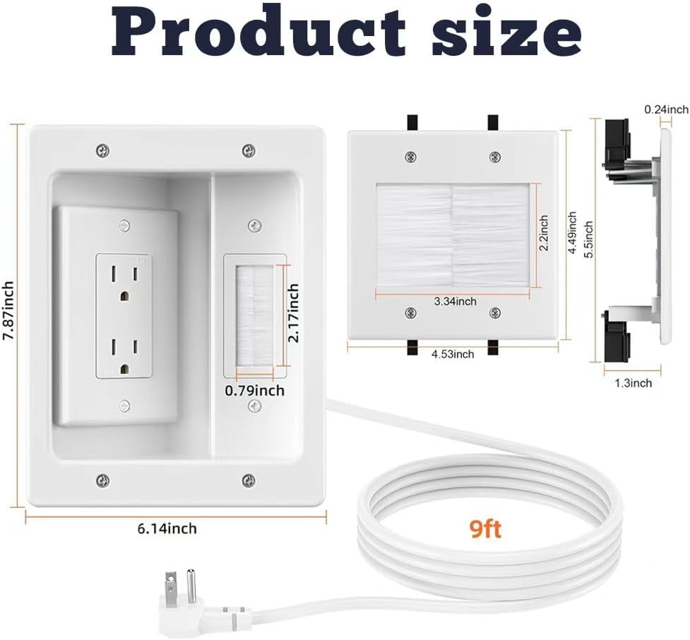 Recessed Outlet Box,in Wall Cable Concealer Kit with Brush Wall Plate、Socket、Electrical Box，9ft Cord– Easy, Safe Cable Management for Organized TV and Home Theater Systems