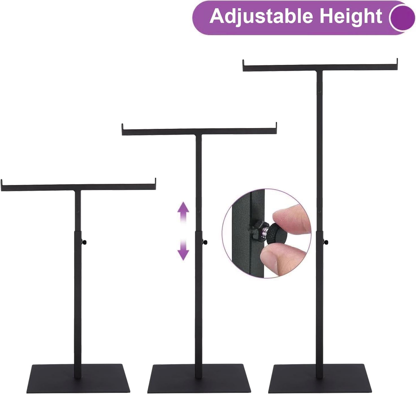 Purse Display Stand T Shaped, Countertop Jewelry/Scarf/Handbag T-Bar Display Stand, Tabletop Double Hook Hanging Stands for Long Necklaces, Metal with Adjustable Height (Black, 2Pcs)