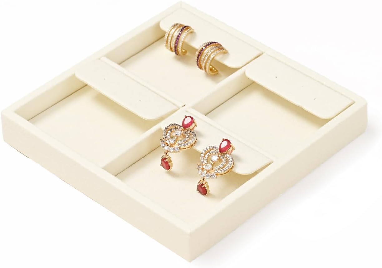 Oirlv Microfiber 4 Slots Jewelry Earring Display Tray Earring Display Organizer Tray(Beige)