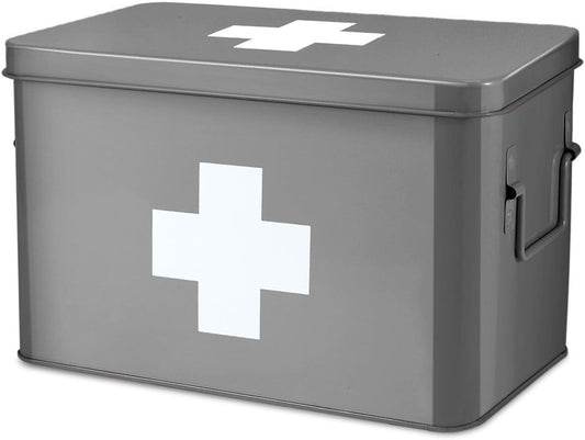 Flexzion Vintage First Aid Kit - 13" Gray Metal Box with Dividers, Removable Tray and White Cross Logo