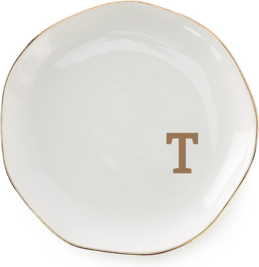 Initials Ring Dish Jewery Tray with Personalized T-Monogrammed Gifts Wedding Engagement for Women Friends Sister Teacher,Ceramic White