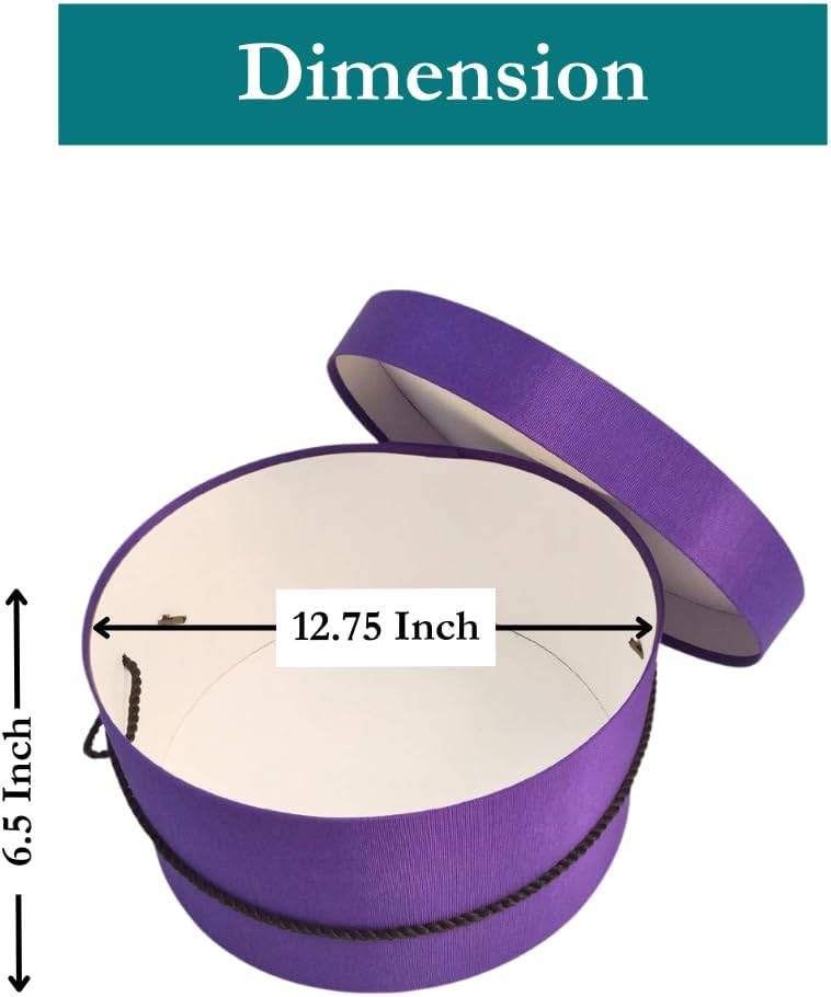 Sarah's Hat Boxes Classic Dark Purple Hat Box – 12.75" x 6.5" (Dia. x Ht.) Handmade in USA – Odorless Non-Toxic Adhesive, Cording Handle – Premium Storage for Hats & Accessories